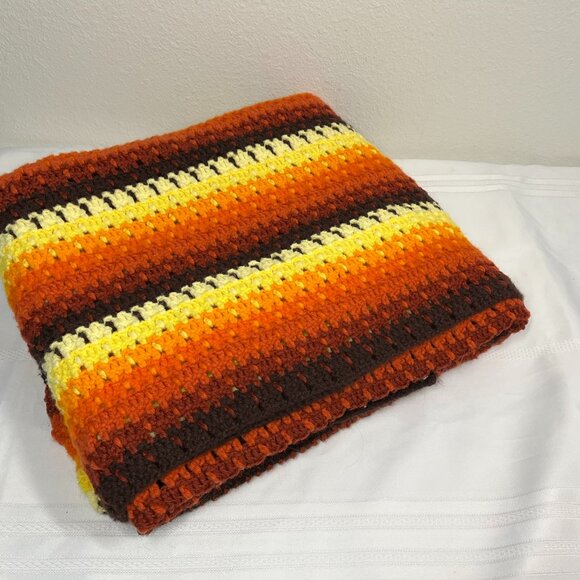 Vintage Crochet Afghan Striped Orange & Brown Yellow Throw Blanket 51 X 63
